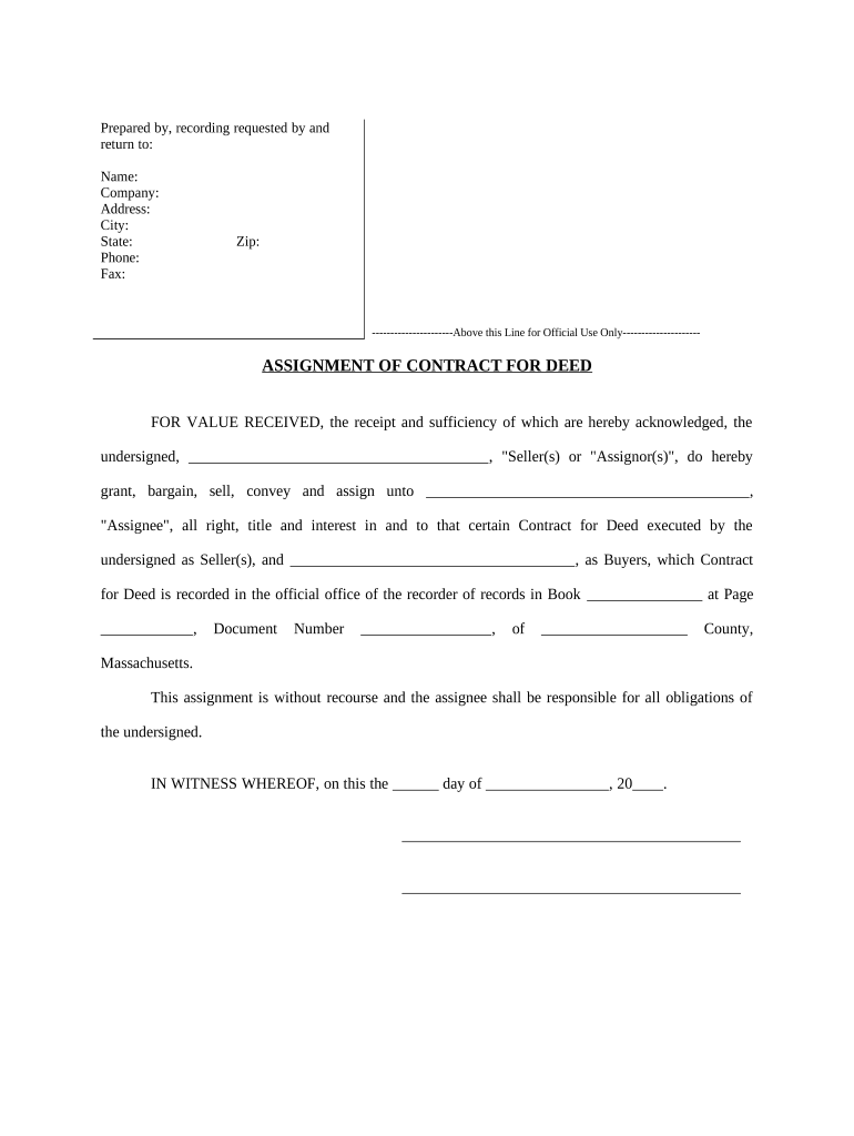 Assignment of Contract for Deed by Seller - Massachusetts Preview on Page 1.