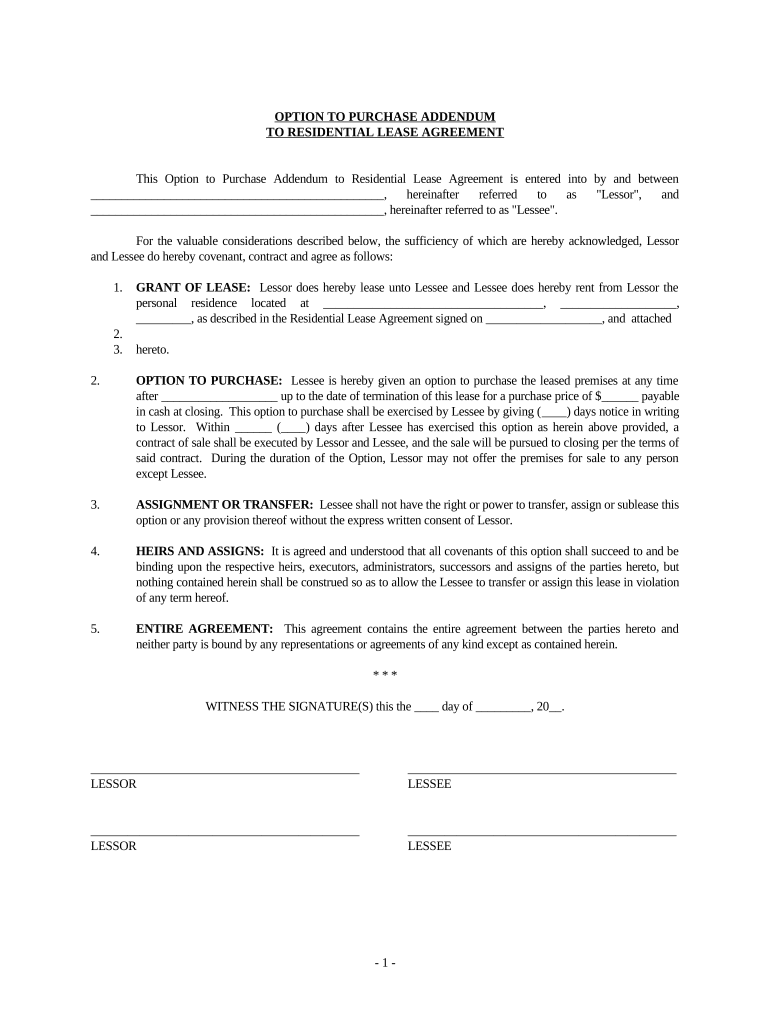 Option to Purchase Addendum to Residential Lease - Lease or Rent to Own - Massachusetts Preview on Page 1