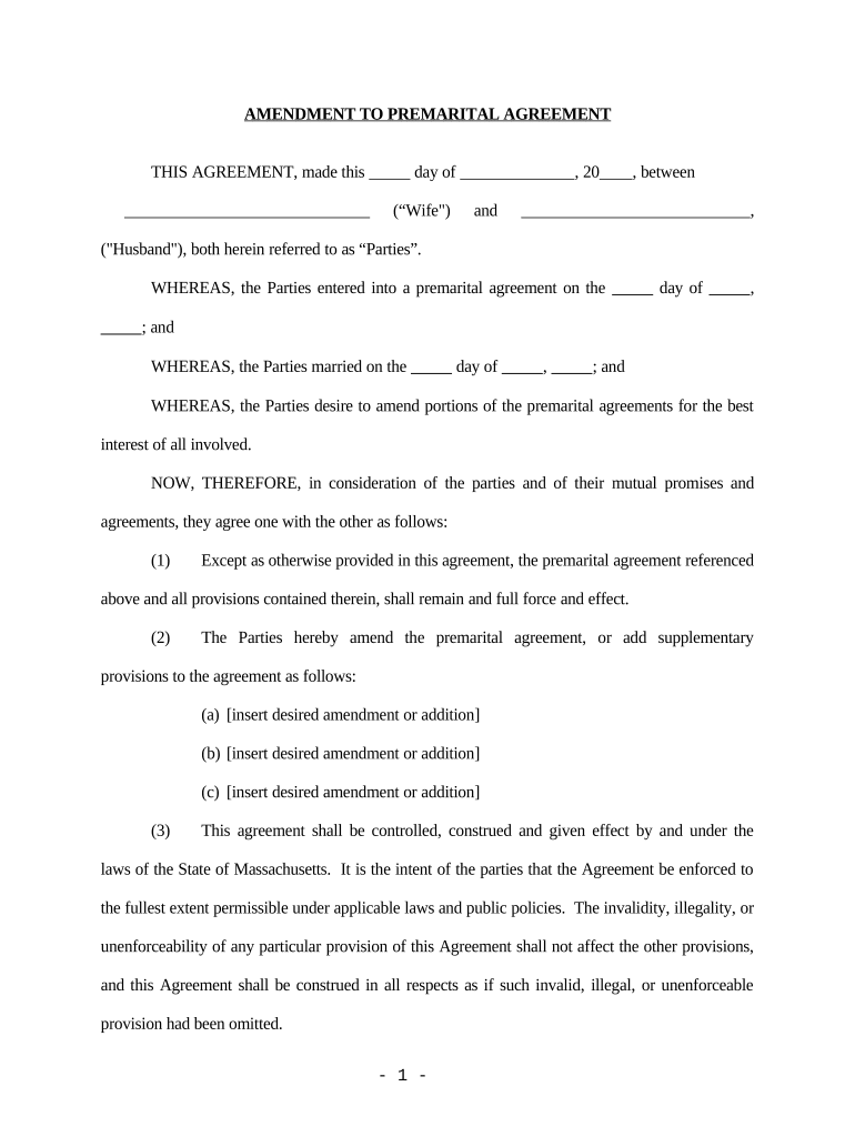 Amendment to Prenuptial or Premarital Agreement - Massachusetts Preview on Page 1