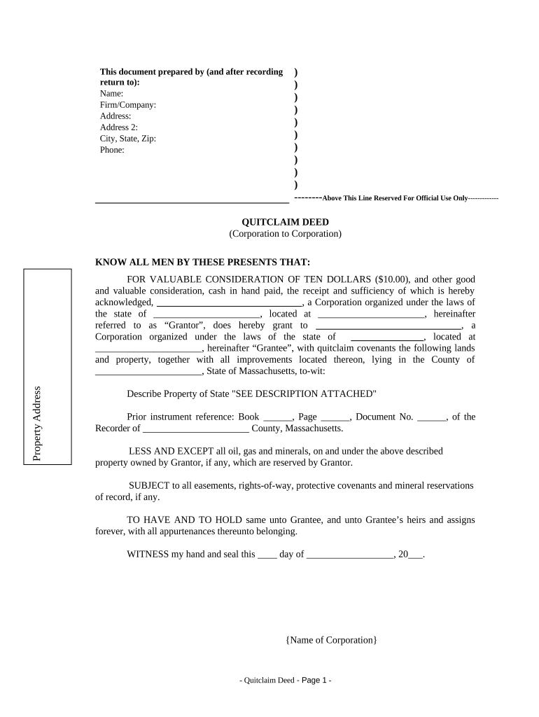 Quitclaim Deed from Corporation to Corporation - Massachusetts Preview on Page 1