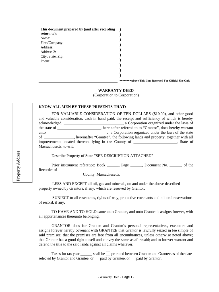 Warranty Deed from Corporation to Corporation - Massachusetts Preview on Page 1