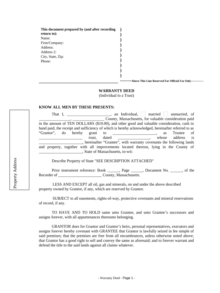 Warranty Deed from Individual to a Trust - Massachusetts Preview on Page 1.