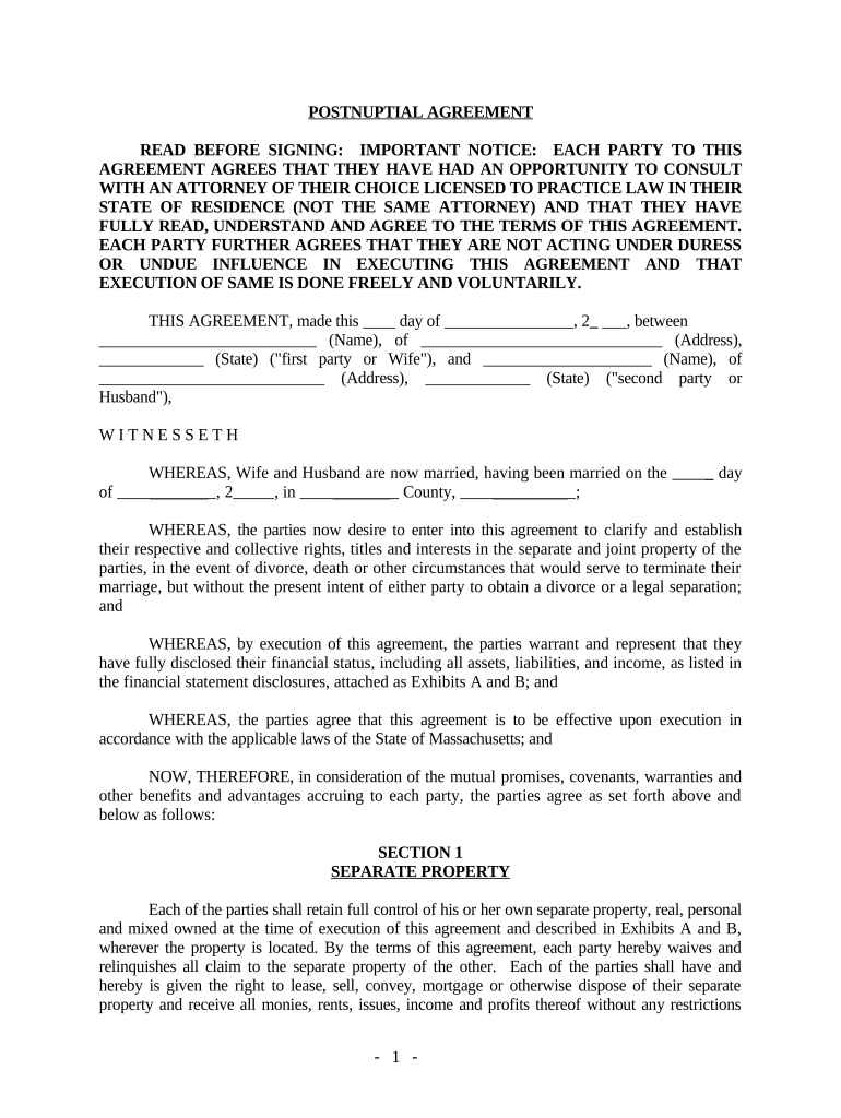 Postnuptial Property Agreement - Massachusetts - Massachusetts Preview on Page 1.