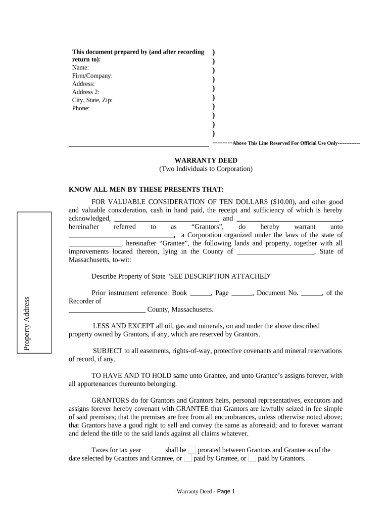 Warranty Deed from two Individuals to Corporation - Massachusetts Preview on Page 1