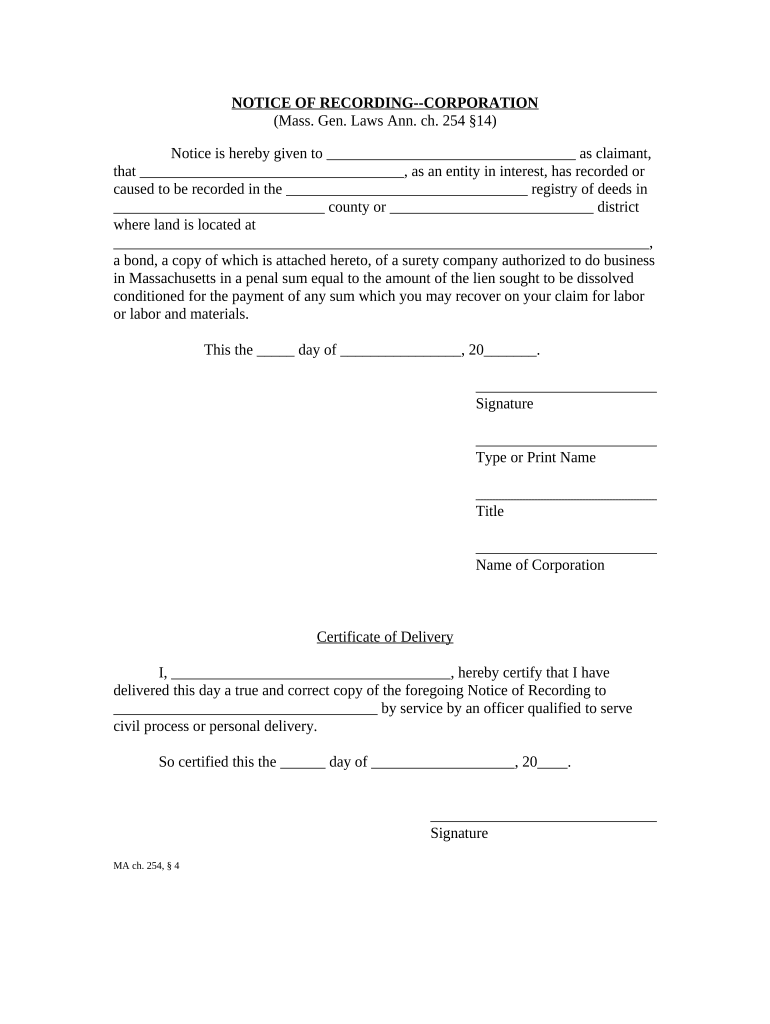 Notice of Recording - Corporation or LLC - Massachusetts Preview on Page 1.