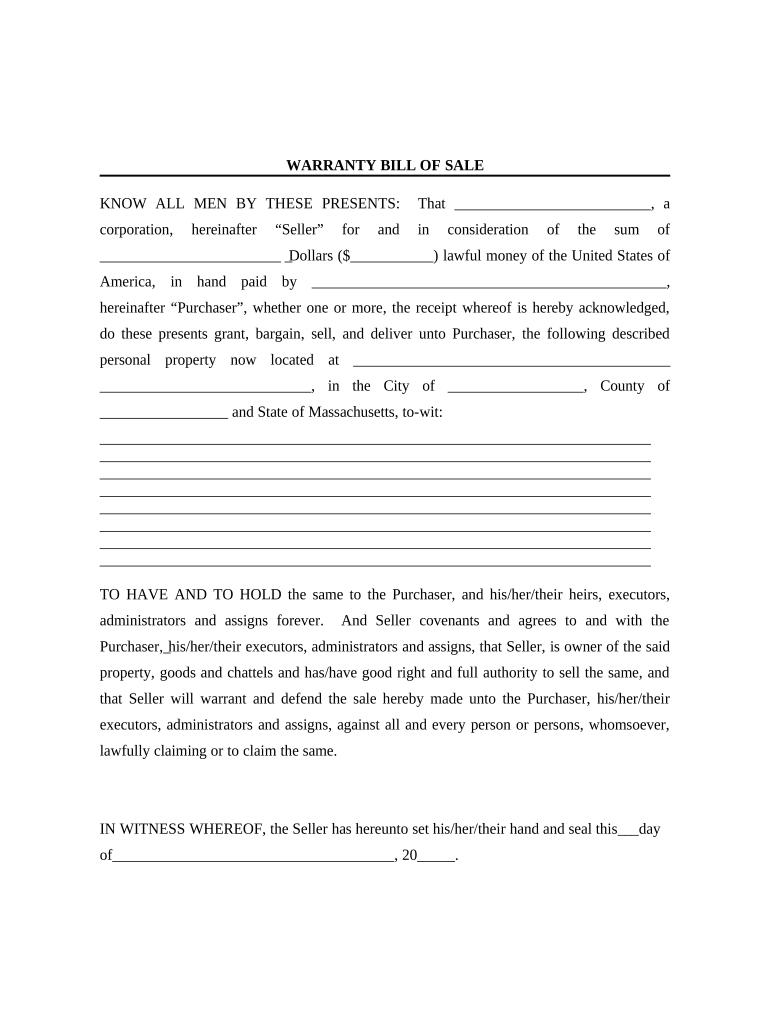 Bill of Sale with Warranty for Corporate Seller - Massachusetts Preview on Page 1