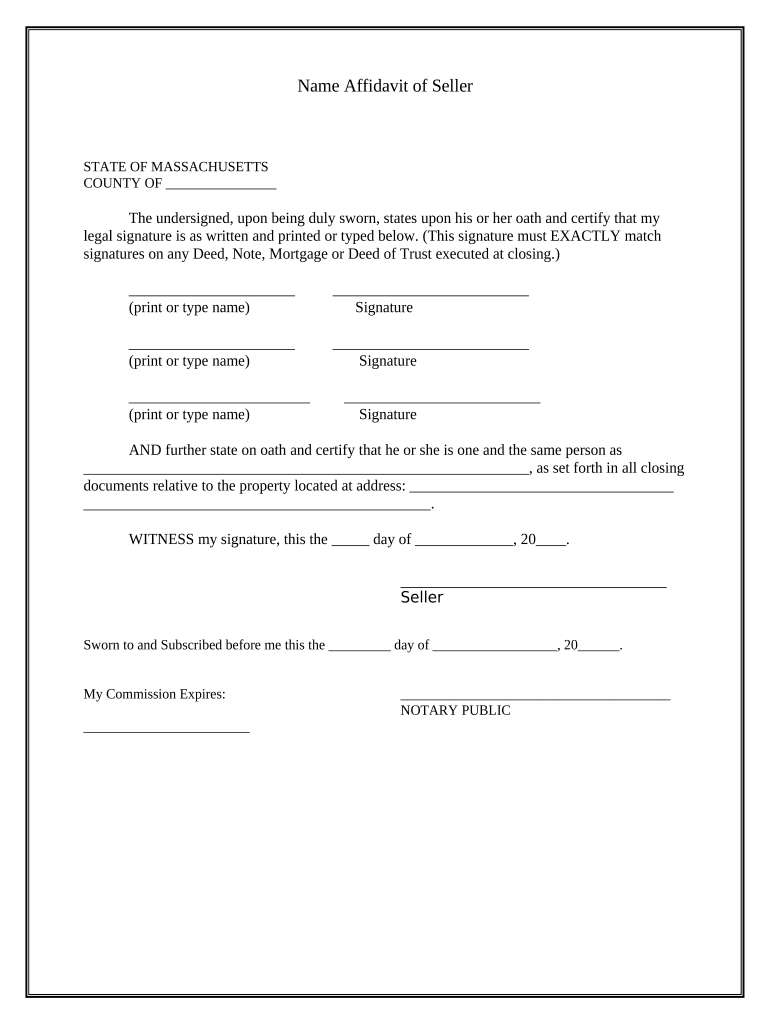 Name Affidavit of Seller - Massachusetts Preview on Page 1