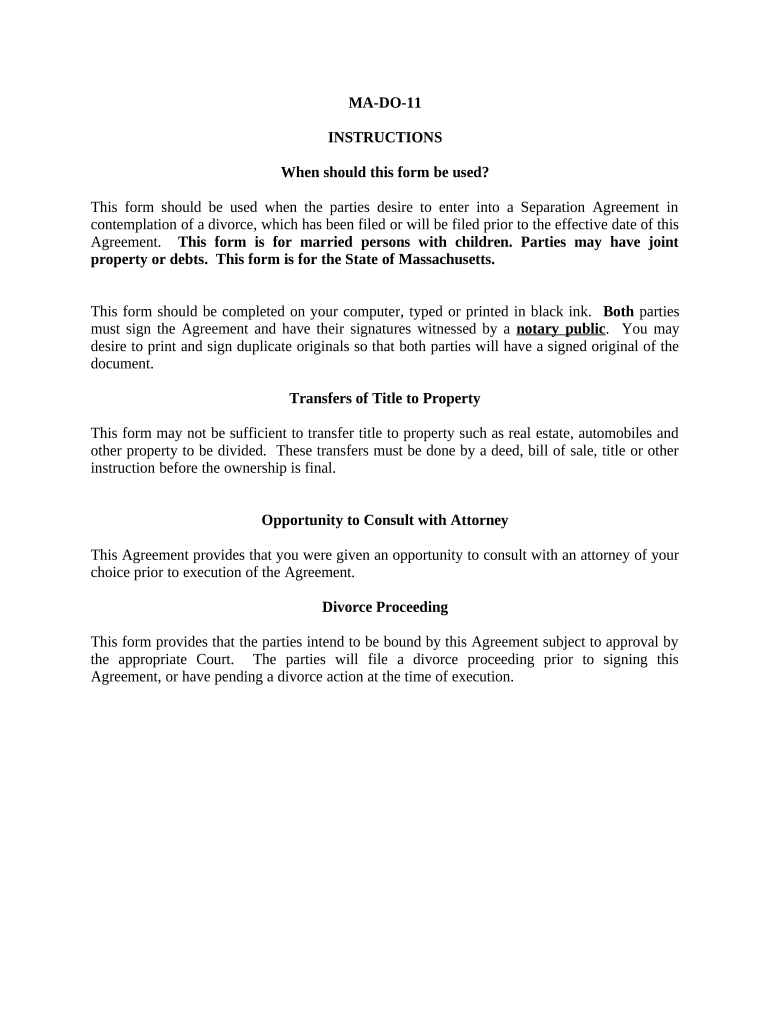 Marital Domestic Separation and Property Settlement Agreement Minor Children Parties May have Joint Property or Debts where Divorce Action Filed - Massachusetts Preview on Page 1