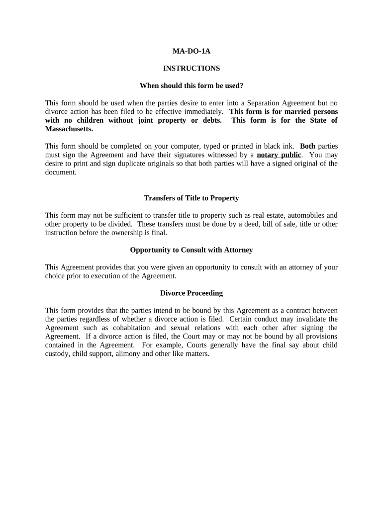 Marital Domestic Separation and Property Settlement Agreement for persons with no Children, no Joint Property, or Debts Effective Immediately - Massachusetts Preview on Page 1