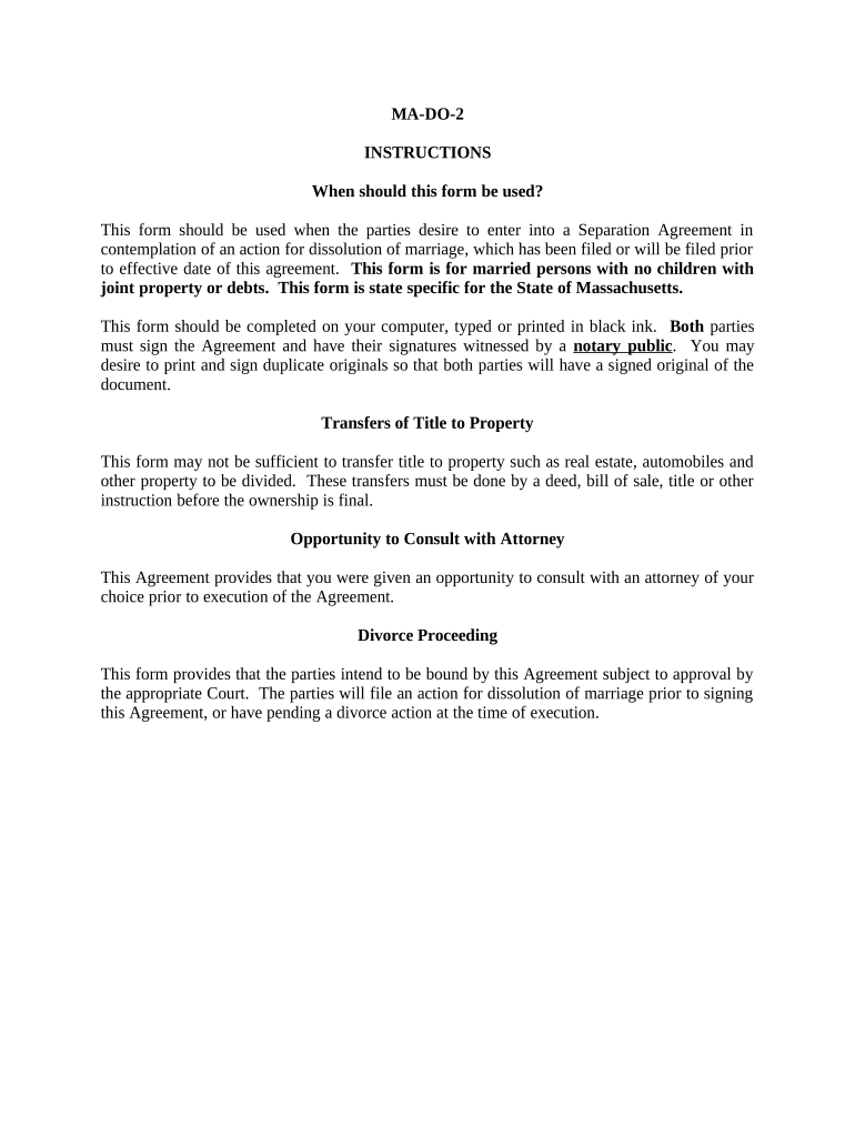 Marital Domestic Separation and Property Settlement Agreement no Children parties may have Joint Property or Debts where Divorce Action Filed - Massachusetts Preview on Page 1