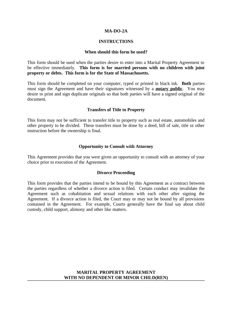 Marital Domestic Separation and Property Settlement Agreement no Children parties may have Joint Property or Debts Effective Immediately - Massachusetts Preview on Page 1