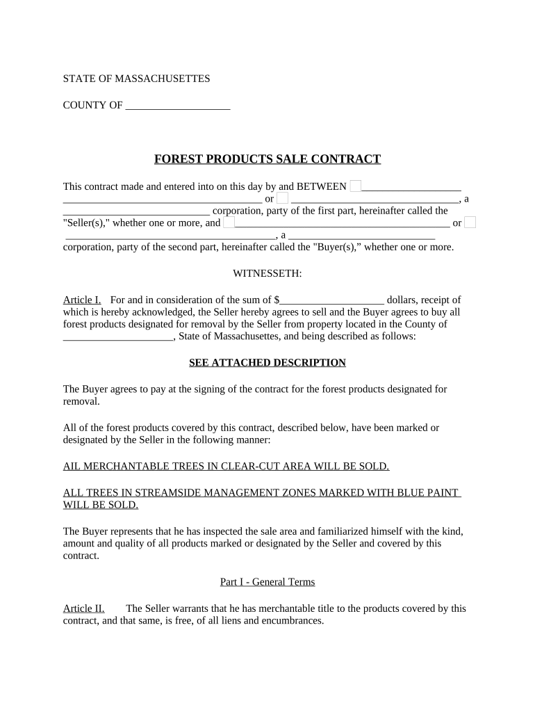 Massachusetts Forest Products Timber Sale Contract - Massachusetts Preview on Page 1.