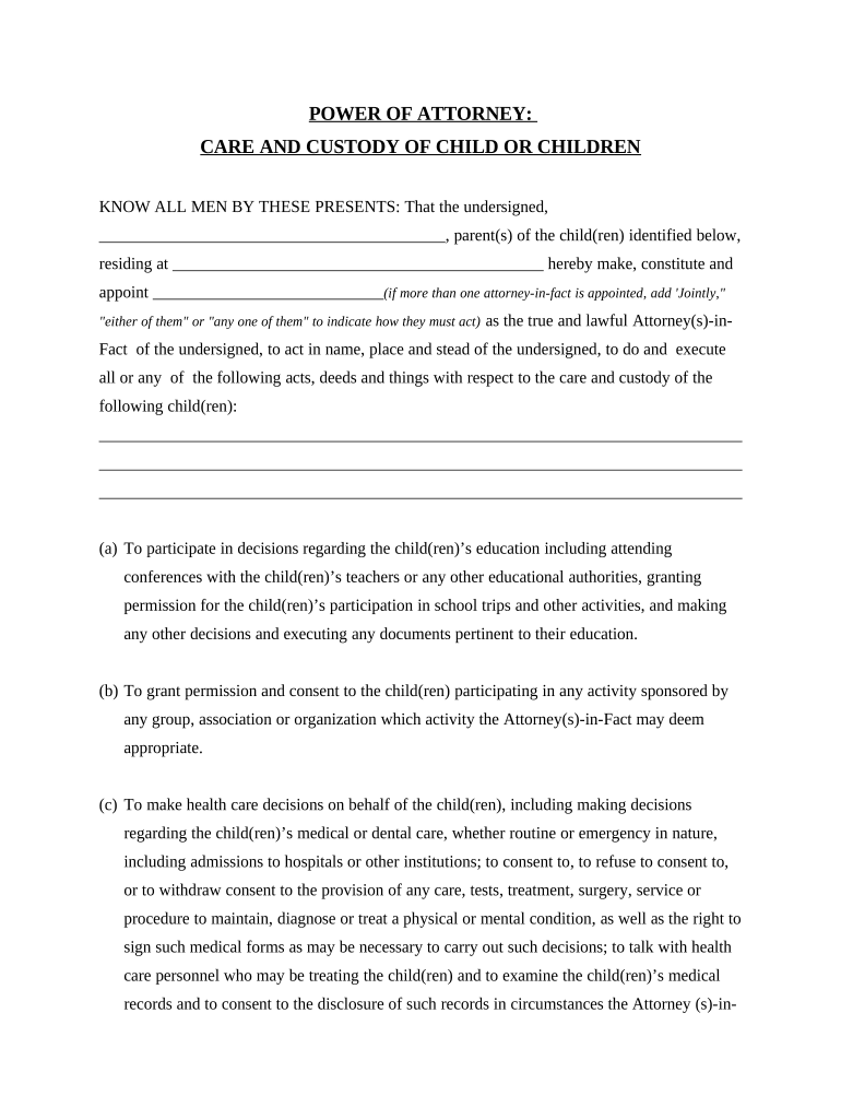 General Power of Attorney for Care and Custody of Child or Children - Massachusetts Preview on Page 1