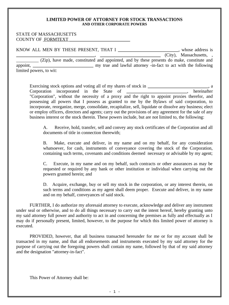 Limited Power of Attorney for Stock Transactions and Corporate Powers - Massachusetts Preview on Page 1