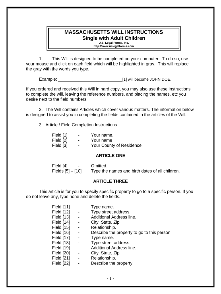 Legal Last Will and Testament Form for Single Person with Adult Children - Massachusetts Preview on Page 1.