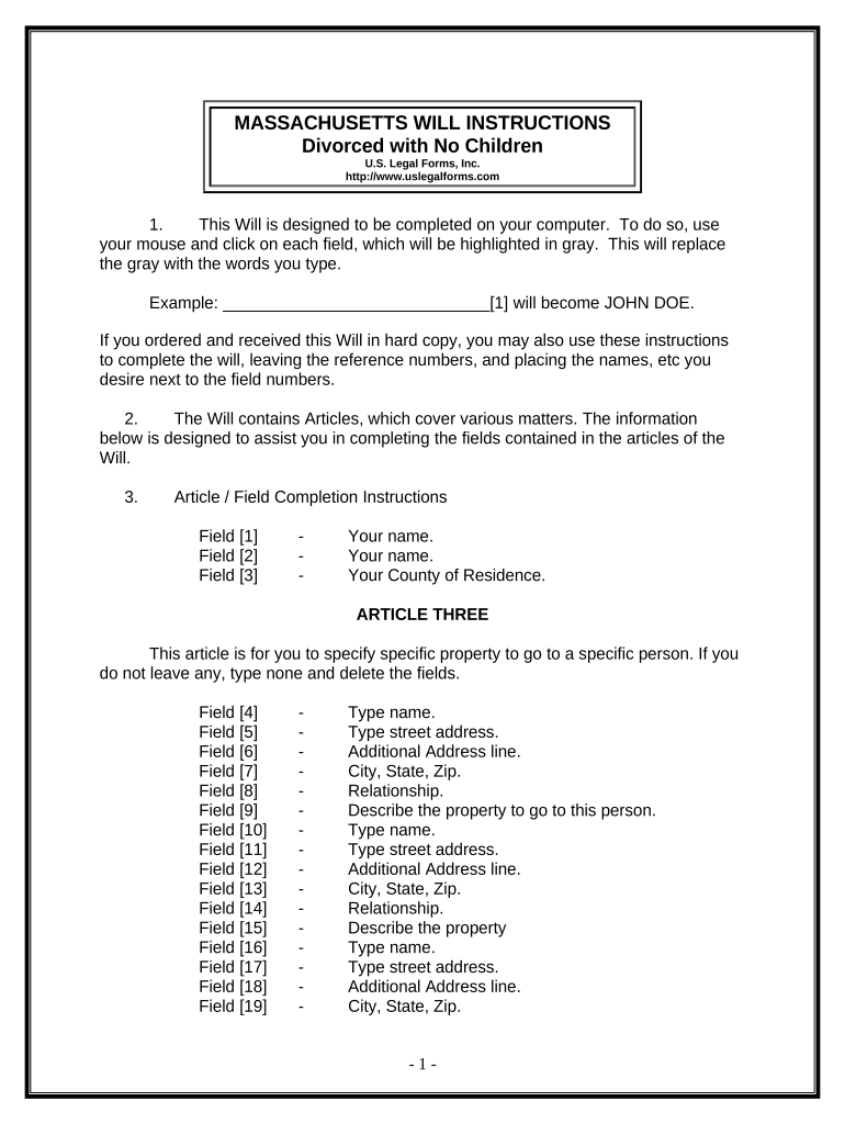 Legal Last Will and Testament Form for Divorced Person Not Remarried with No Children - Massachusetts Preview on Page 1