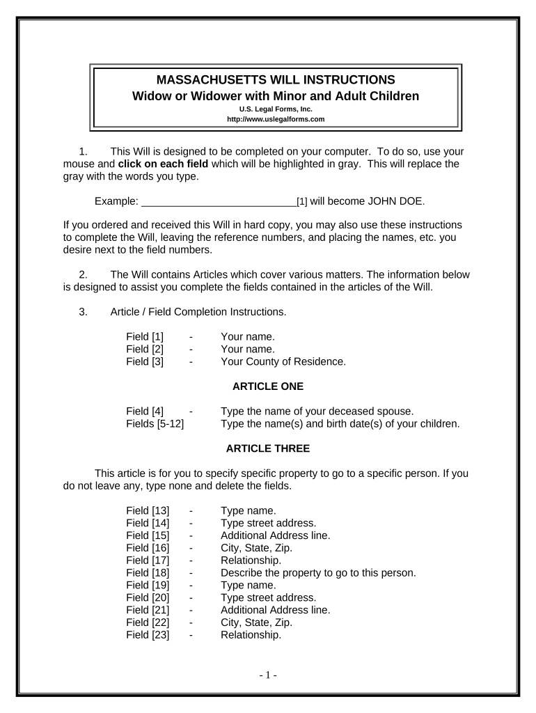 Legal Last Will and Testament Form for a Widow or Widower with Adult and Minor Children - Massachusetts Preview on Page 1