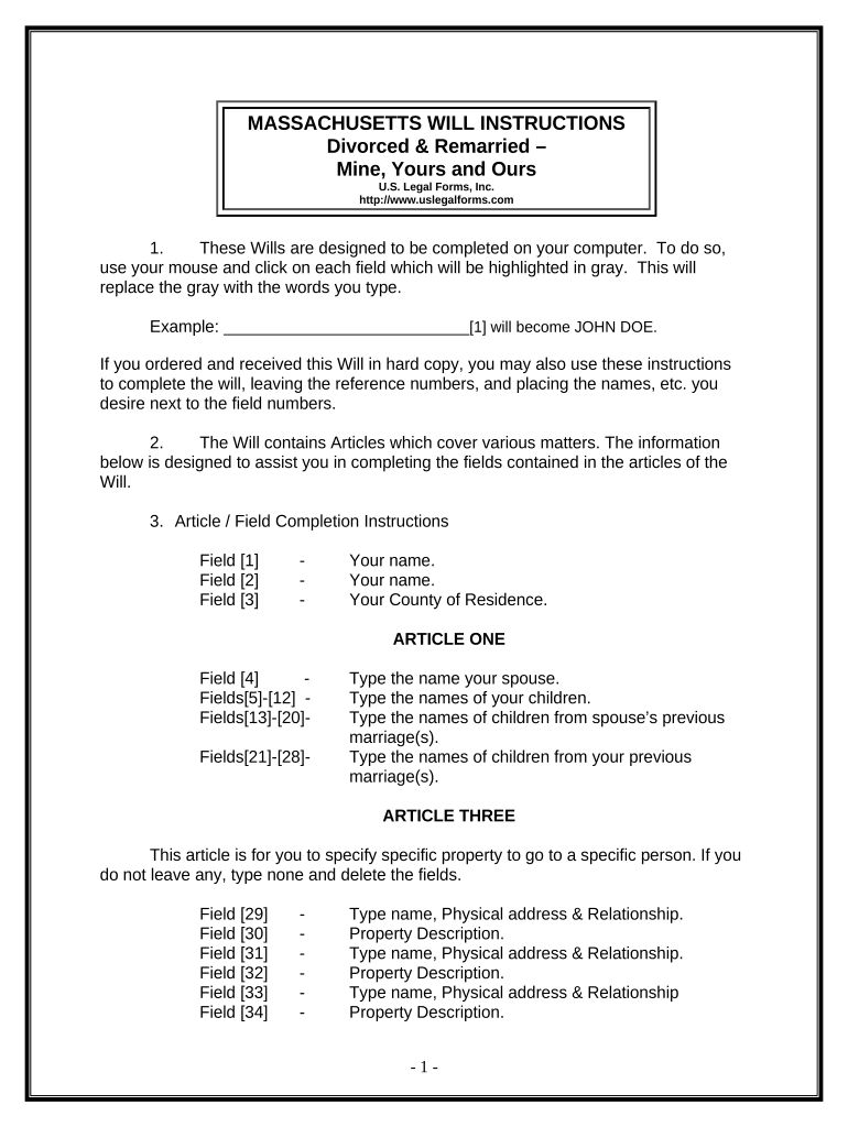 Legal Last Will and Testament Form for Divorced and Remarried Person with Mine, Yours and Ours Children - Massachusetts Preview on Page 1