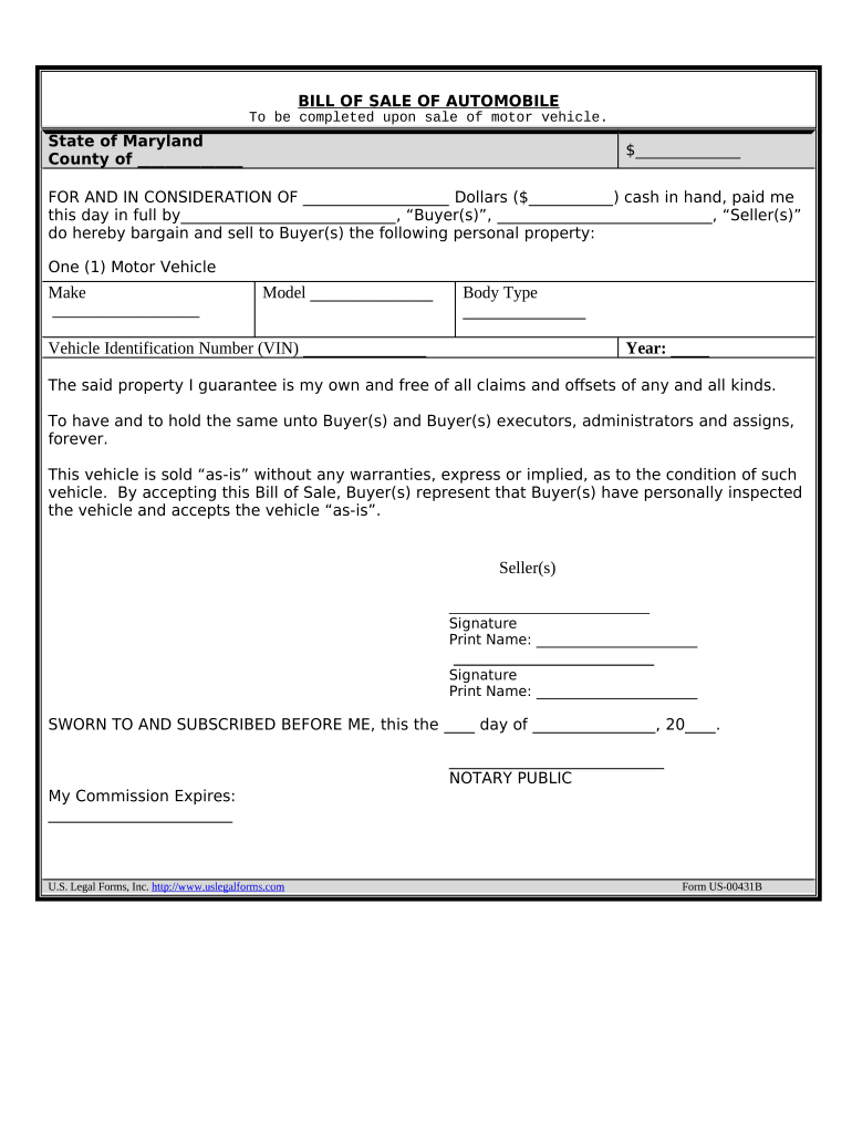 Bill of Sale of Automobile and Odometer Statement for As-Is Sale - Maryland Preview on Page 1