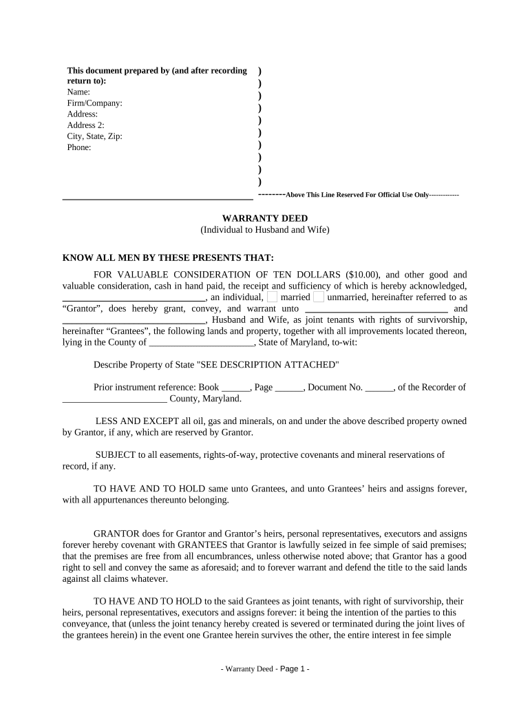 Warranty Deed from Individual to Husband and Wife - Maryland Preview on Page 1