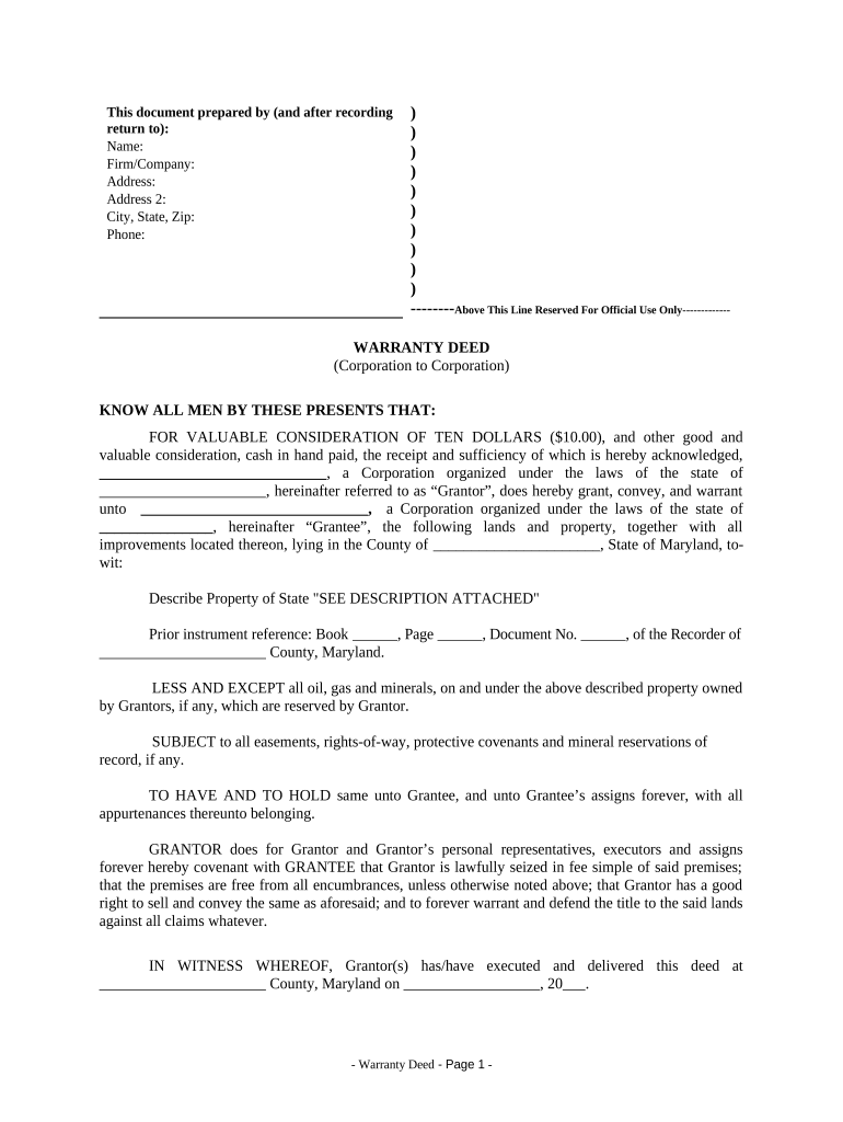 Warranty Deed from Corporation to Corporation - Maryland Preview on Page 1.