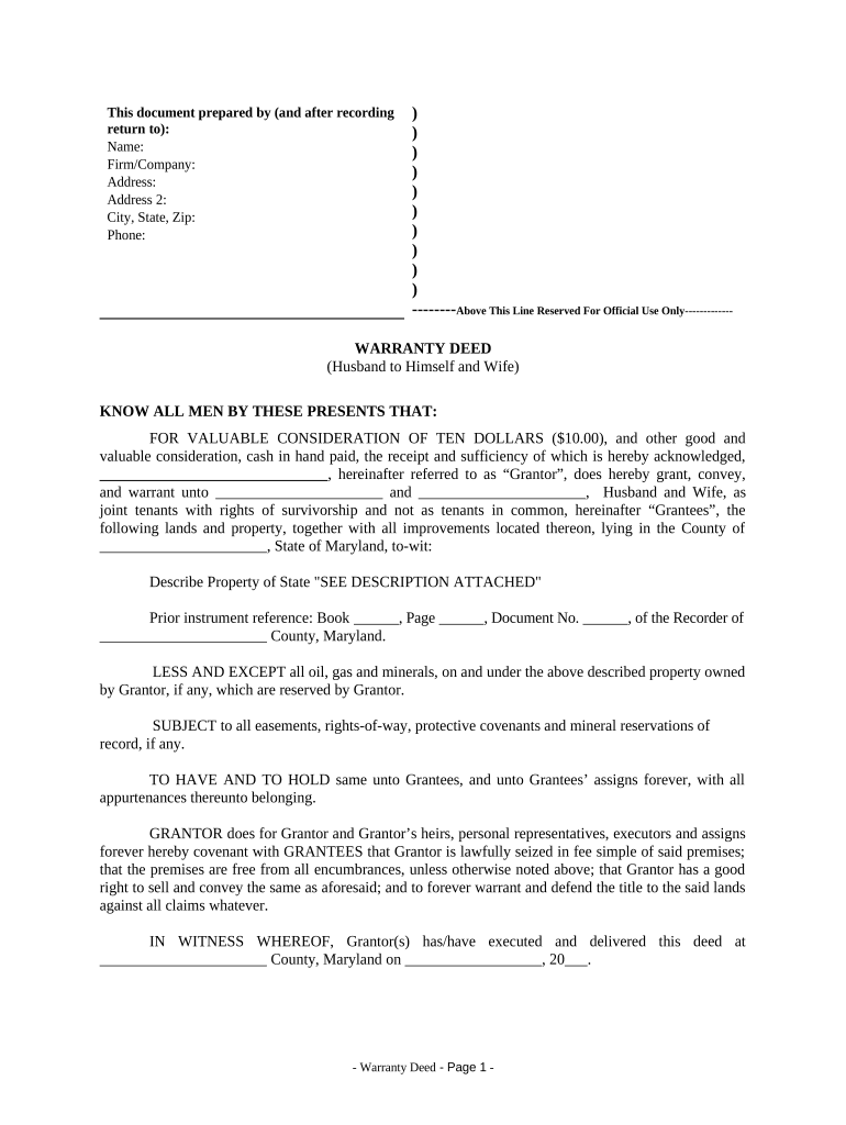 Warranty Deed from Husband to Himself and Wife - Maryland Preview on Page 1