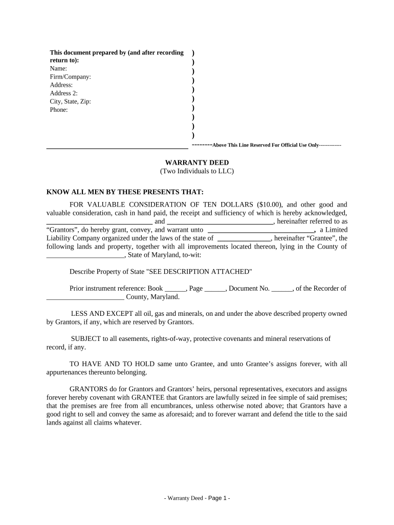 Warranty Deed from two Individuals to LLC - Maryland Preview on Page 1.