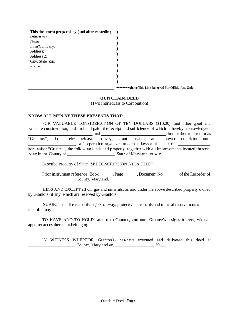 quit claim deed maryland Preview on Page 1