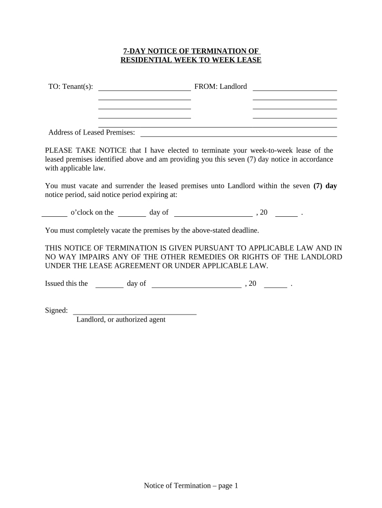 7 Day Notice to Terminate Week to Week Lease - Residential from Landlord to Tenant - Maryland Preview on Page 1