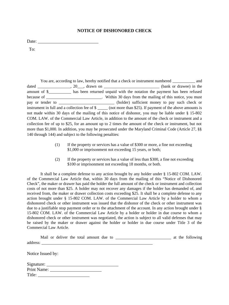 Notice of Dishonored Check - Civil - Keywords: bad check, bounced check - Maryland Preview on Page 1