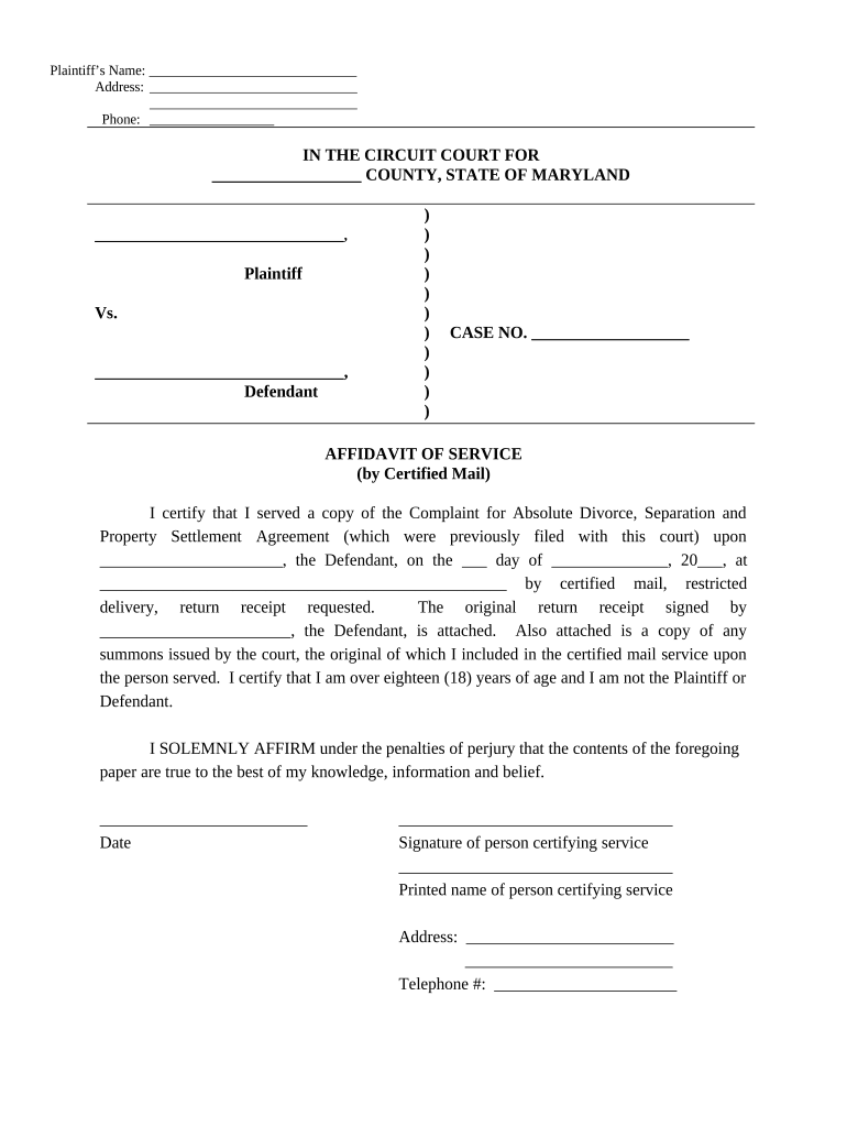 affidavit of service maryland Preview on Page 1