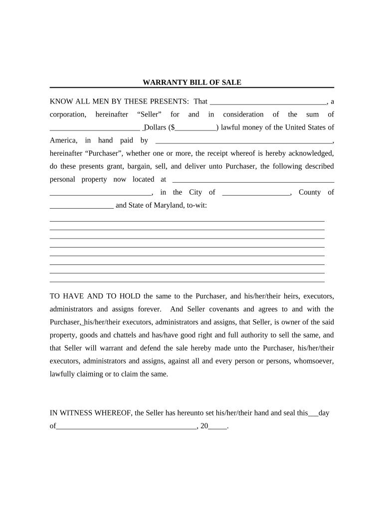 Bill of Sale with Warranty for Corporate Seller - Maryland Preview on Page 1