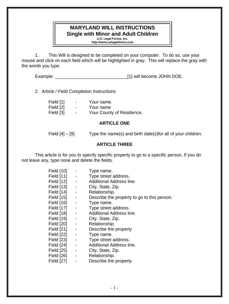 Legal Last Will and Testament Form for Single Person with Adult and Minor Children - Maryland Preview on Page 1.