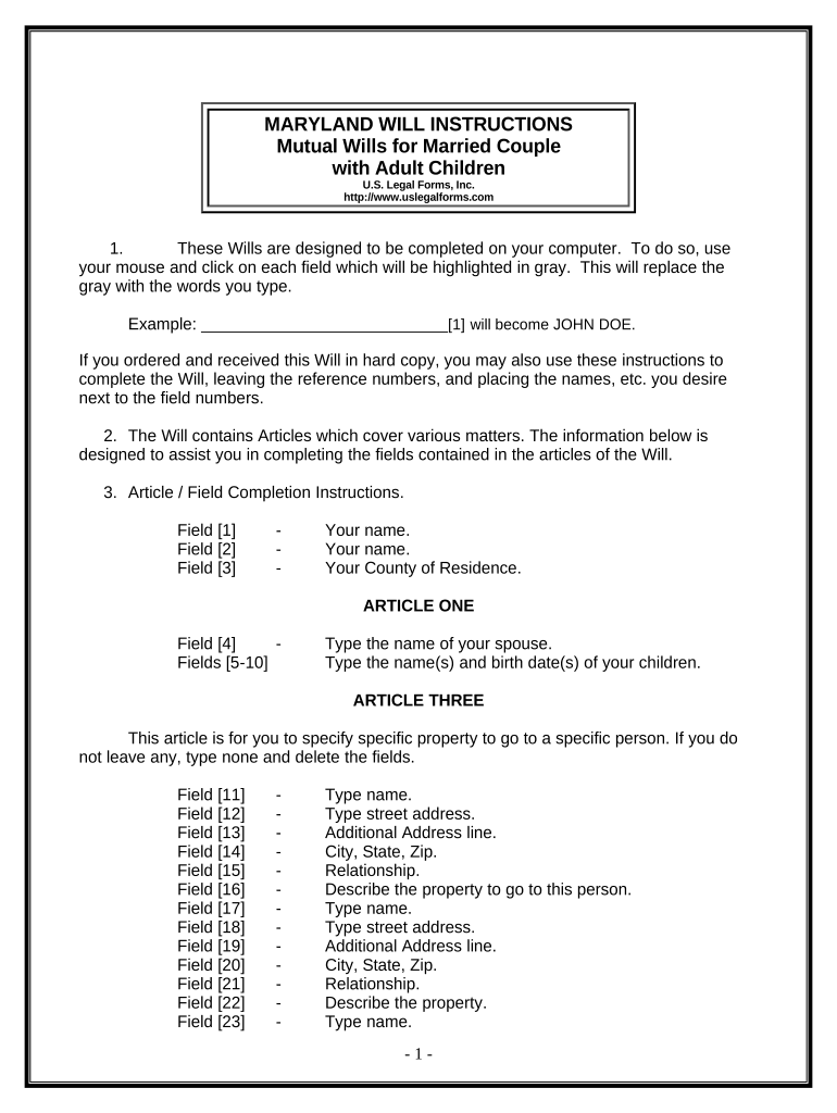 Mutual Wills Package with Last Wills and Testaments for Married Couple with Adult Children - Maryland Preview on Page 1