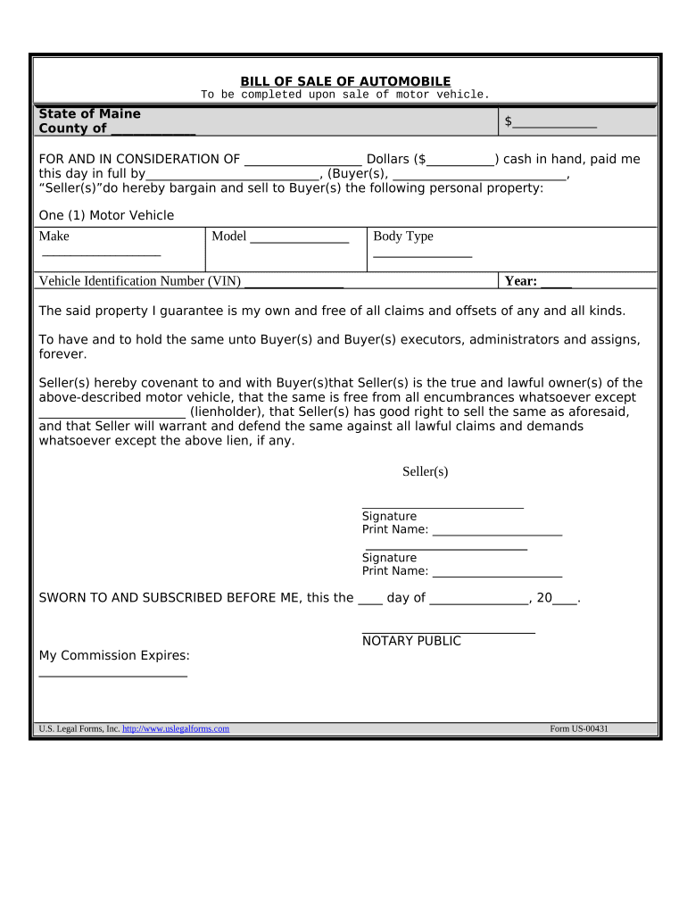 Bill of Sale of Automobile and Odometer Statement - Maine Preview on Page 1