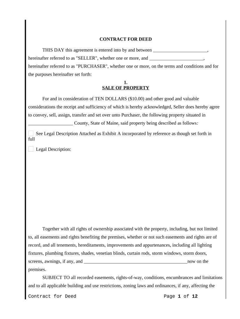 Agreement or Contract for Deed for Sale and Purchase of Real Estate a/k/a Land or Executory Contract - Maine Preview on Page 1