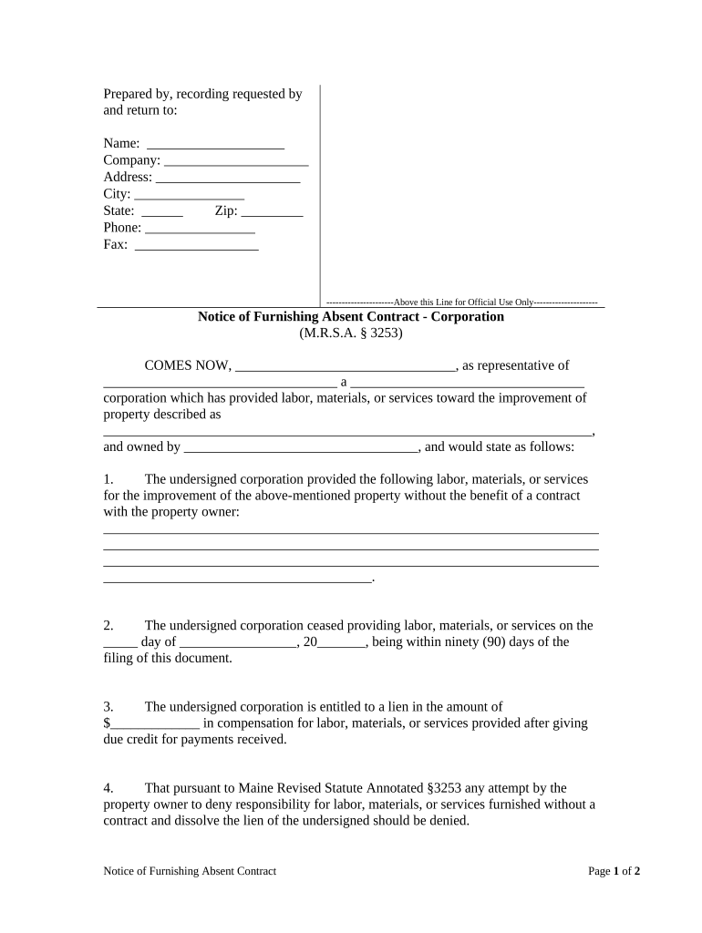 Notice of Furnishing Absent Contract - Corporation or LLC - Maine Preview on Page 1