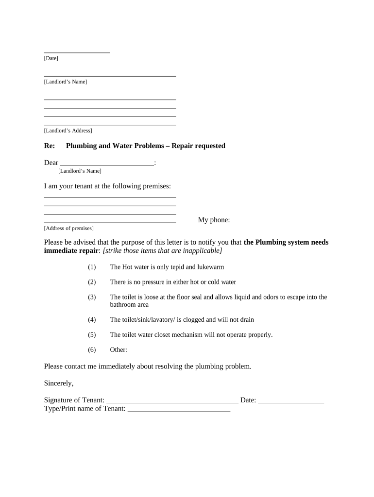 Letter from Tenant to Landlord with Demand that landlord repair plumbing problem - Maine Preview on Page 1