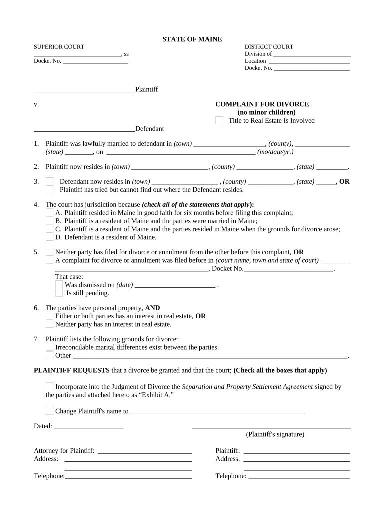 Complaint for Divorce for People with No Children OR adult children - Maine Preview on Page 1.