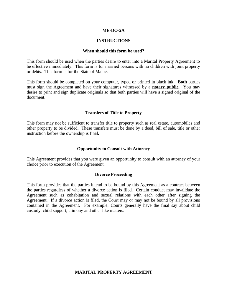 Marital Domestic Separation and Property Settlement Agreement no Children parties may have Joint Property or Debts Effective Immediately - Maine Preview on Page 1