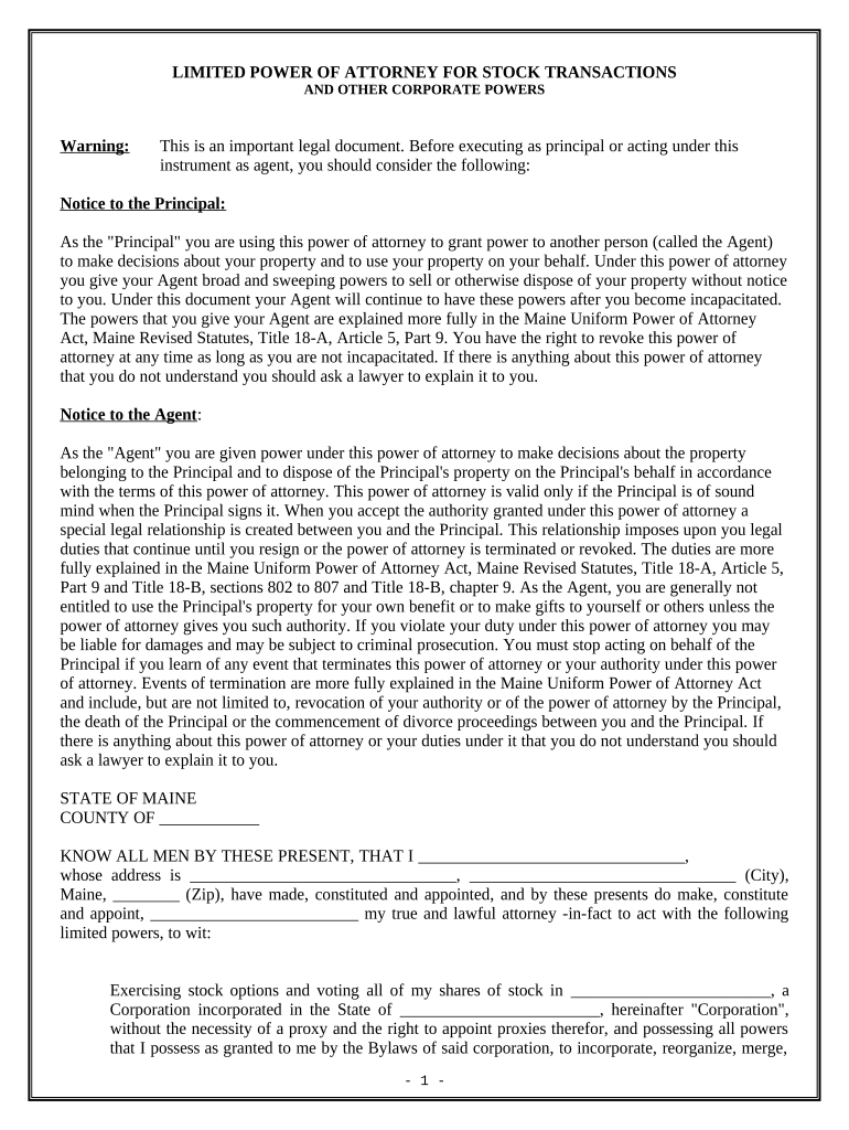 Limited Power of Attorney for Stock Transactions and Corporate Powers - Maine Preview on Page 1