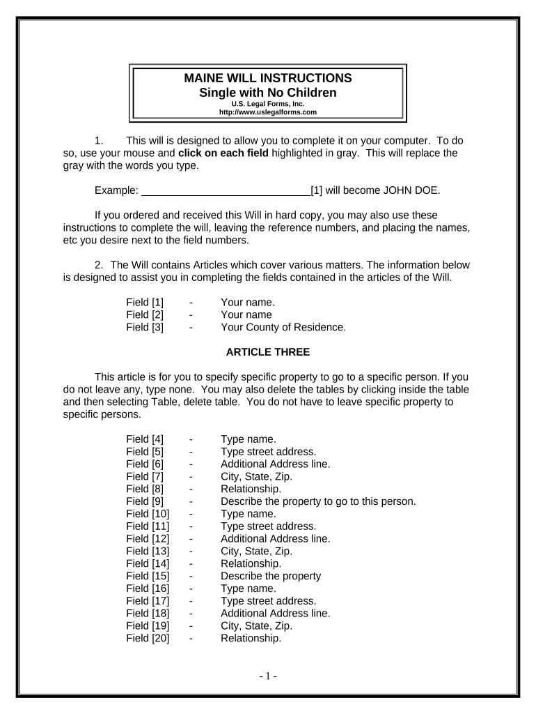 Legal Last Will and Testament Form for Single Person with No Children - Maine Preview on Page 1