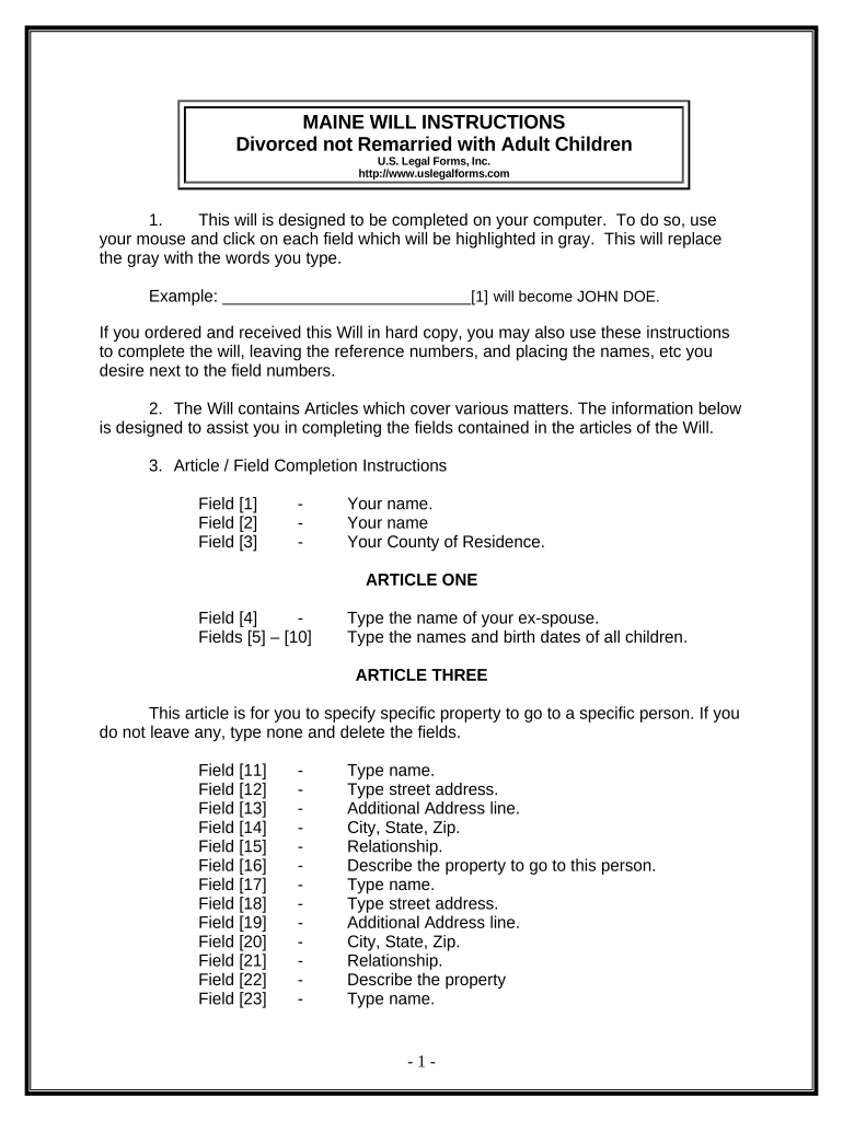 Legal Last Will and Testament Form for Divorced person not Remarried with Adult Children - Maine Preview on Page 1