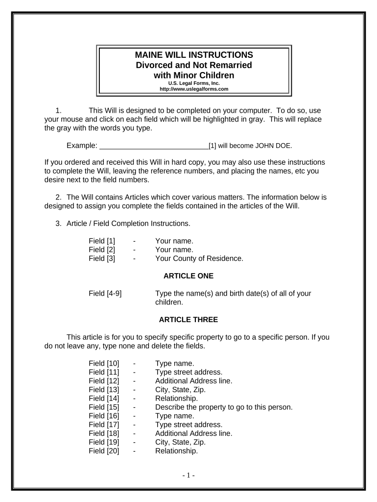 Legal Last Will and Testament Form for Divorced person not Remarried with Minor Children - Maine Preview on Page 1