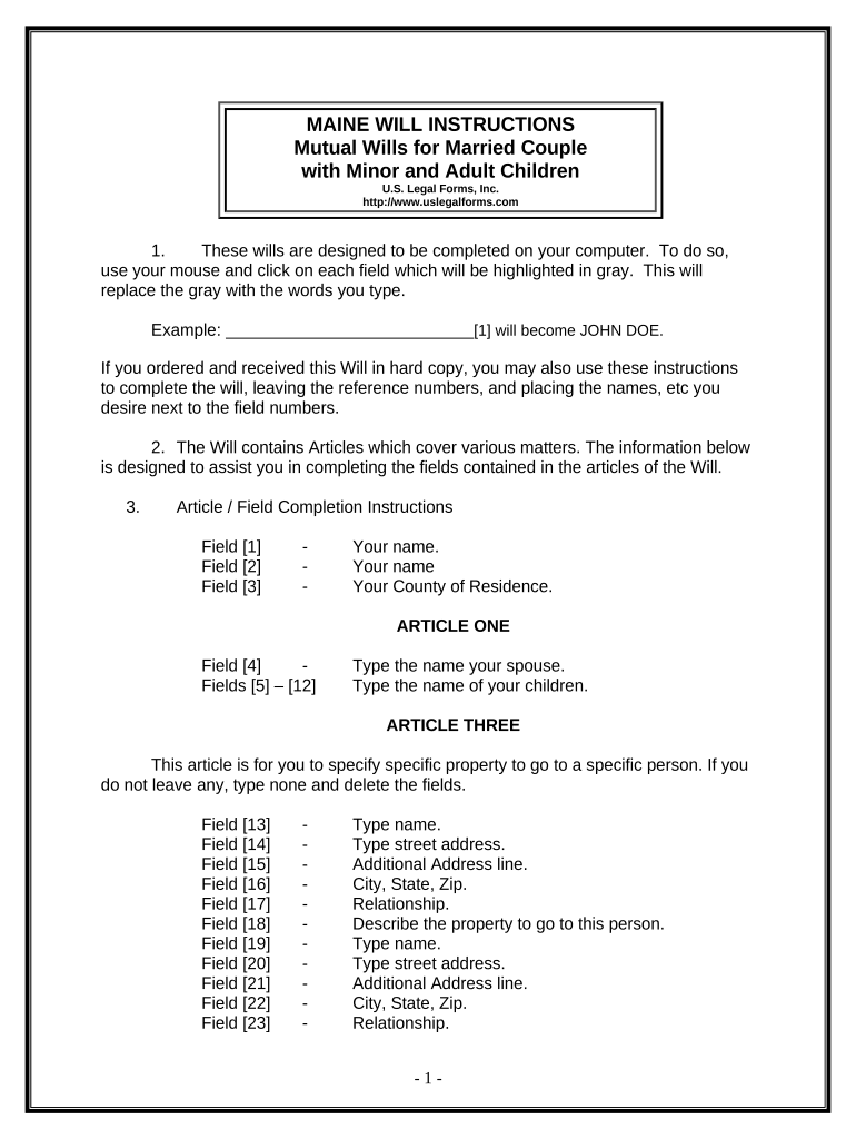 Mutual Wills Package with Last Wills and Testaments for Married Couple with Adult and Minor Children - Maine Preview on Page 1