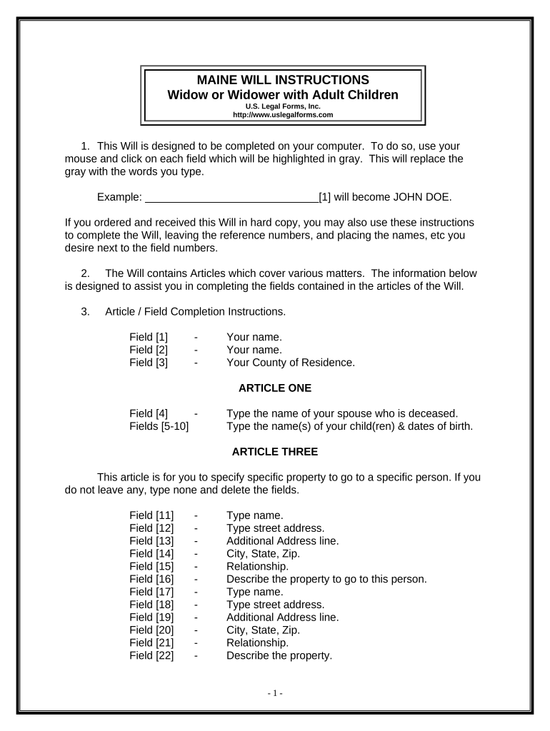 Legal Last Will and Testament Form for a Widow or Widower with Adult Children - Maine Preview on Page 1