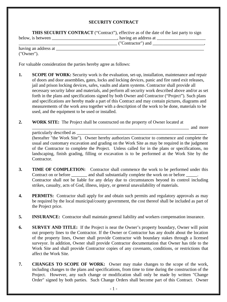 Security Contract for Contractor - Michigan Preview on Page 1