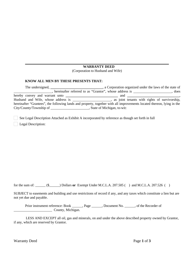 Warranty Deed from Corporation to Husband and Wife - Michigan Preview on Page 1