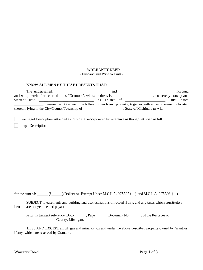 Warranty Deed from Husband and Wife to a Trust - Michigan Preview on Page 1.