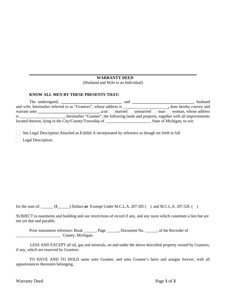 Warranty Deed from Husband and Wife to an Individual - Michigan Preview on Page 1